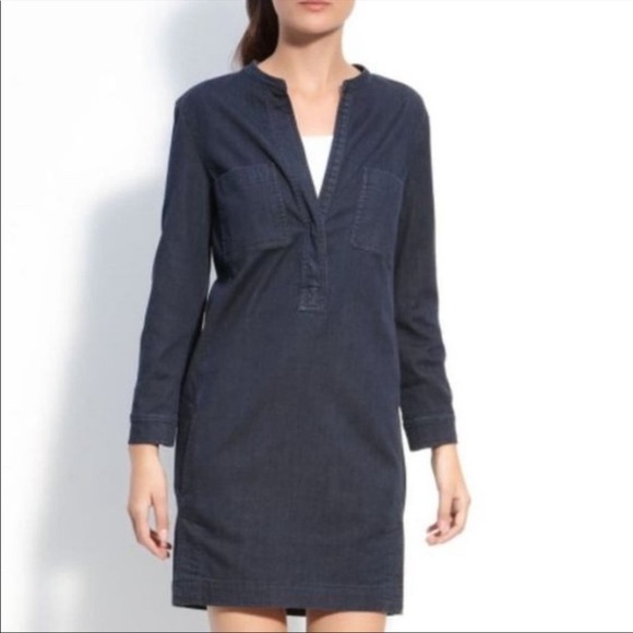 VINCE Long Sleeve Chambray Dark Blue Shift Dress w/ Chest Pockets Size 4 - Picture 1 of 9